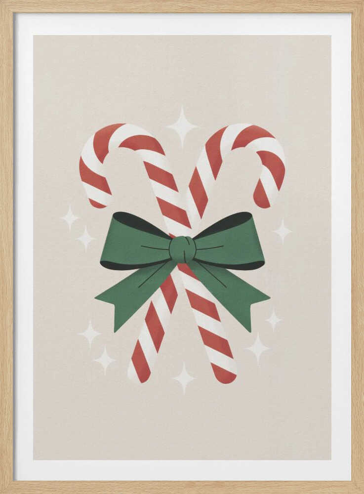 An illustration of two red-and-white striped candy canes crossed and tied together with a large green bow. The background is a soft beige color with small, white, four-pointed star sparkles. The artwork is shown in a black frame. Decor