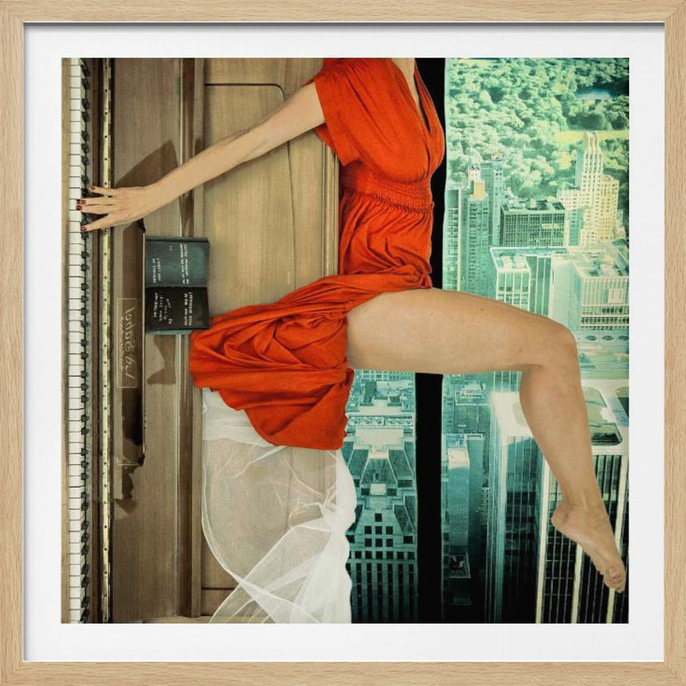 A surrealist collage artwork in a light wood frame, featuring the fragmented body of a woman in a vibrant orange dress. Her arm reaches to touch the keys of an upright piano on the left, while her legs are positioned as if sitting on a ledge overlooking a teal-toned cityscape on the right. Artwork