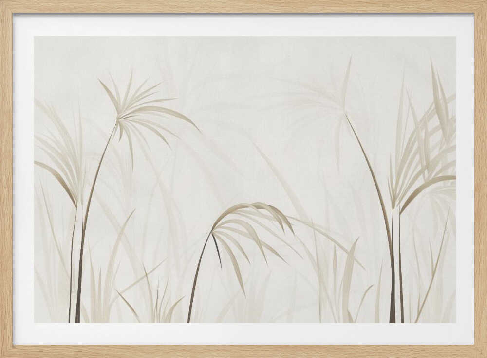 Minimalist art print of delicate beige grasses and reeds on a light background, framed in silver.