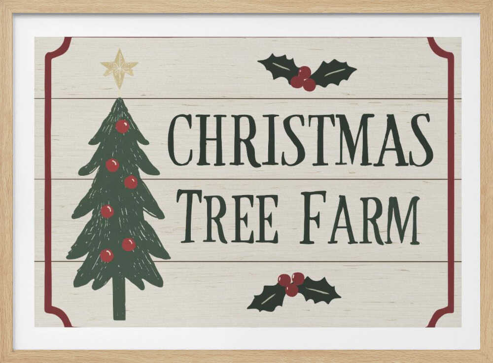 Vintage 'Christmas Tree Farm' sign with a decorated tree and holly. Rustic holiday wall art.