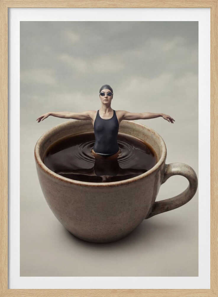 Surreal art print of a woman in a swimsuit swimming in a giant cup of coffee.