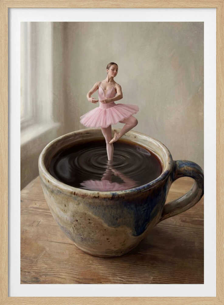 A small ballerina in a pink tutu dances gracefully in a large cup of black coffee.