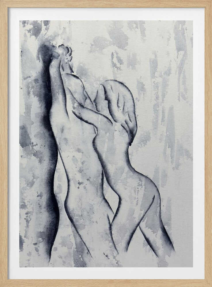 Black and white watercolor painting of an embracing nude couple in a passionate pose, romantic art.