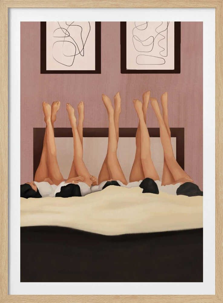 Illustration of several women's legs in the air, relaxing in bed under a duvet in a pink room.