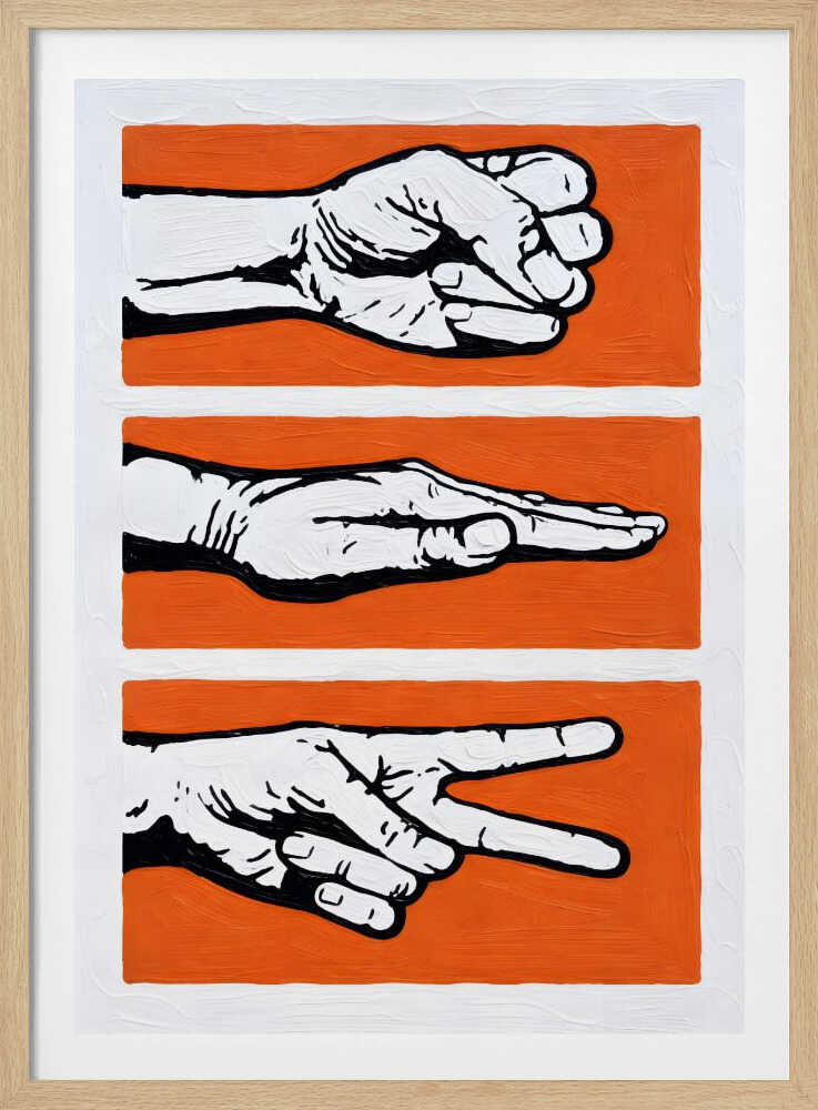 Stylized Rock Paper Scissors game art print, perfect for a game room or office wall.