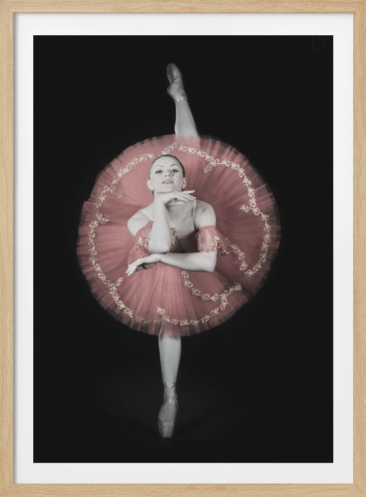 A selective color photograph of a ballerina against a black background. The image is mostly in black and white, except for her large, circular pink tutu with gold embroidery. She stands en pointe on one leg, with the other leg extended straight up behind her head. She looks directly at the camera with a confident expression, her chin resting on her hand. Print