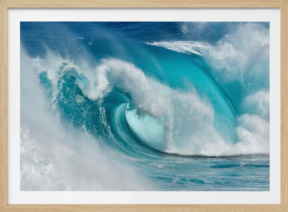 A close-up photograph of a massive, turquoise ocean wave curling into a perfect barrel, with white sea foam and spray exploding around it, captured in a silver frame. Wall Art