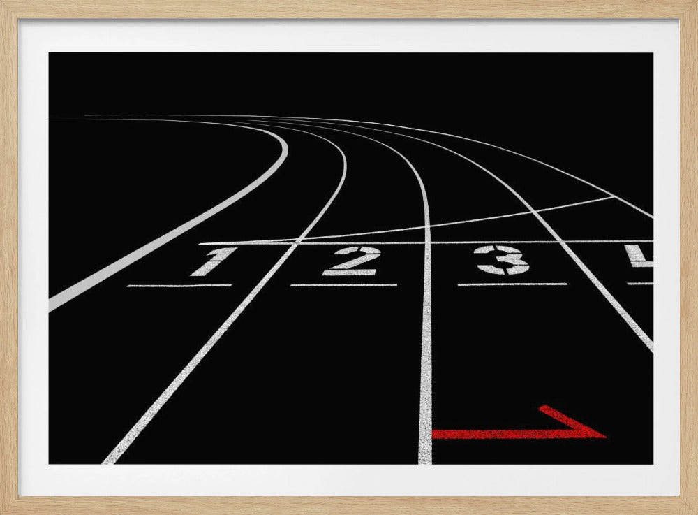 A framed, high-contrast photograph of a black running track's starting line. The lanes, marked with white lines, are numbered 1, 2, 3, and 4 and curve into the distance. A single red arrow points forward in the foreground, adding a pop of color to the monochrome scene. Poster