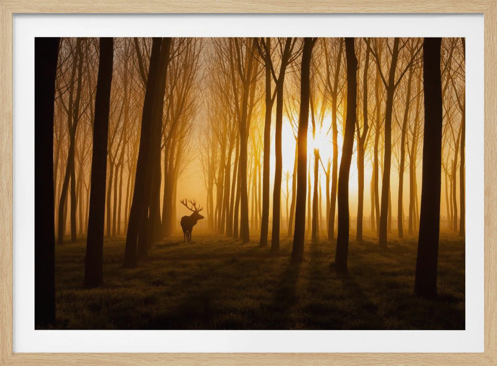 A majestic stag with large antlers stands silhouetted in a misty forest at sunrise, with golden light filtering through the tall, bare trees, creating long shadows on the grassy forest floor. Print