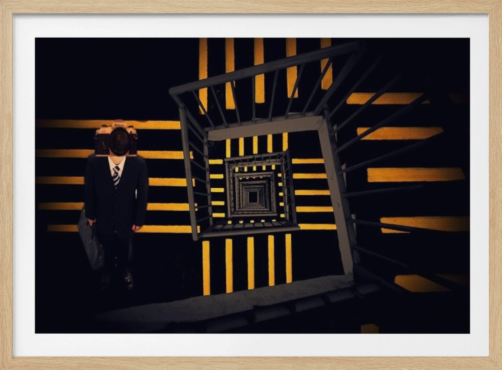 A surreal high-angle view looking down an infinite square spiral staircase with black steps and bold yellow stripes. On a landing stands a man in a dark suit and tie, holding a briefcase, with a vintage camera in place of his head. Artwork
