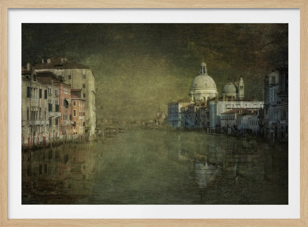 A moody and textured piece of art depicting the Grand Canal in Venice, with historic buildings on either side and the dome of a basilica in the distance. The artwork has a dark, weathered, and painterly quality, with reflections of the architecture in the murky green water. The entire image is presented within a silver frame. Poster