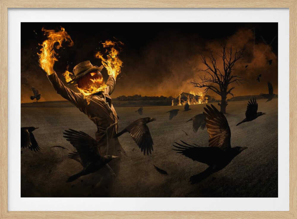 A terrifying scarecrow with a glowing jack-o'-lantern for a head stands in a dark field, its hands engulfed in flames raised towards the sky. A flock of black crows flies around it in a frenzy, while in the background, a barn burns under a dark, smoky orange sky. Wall Art