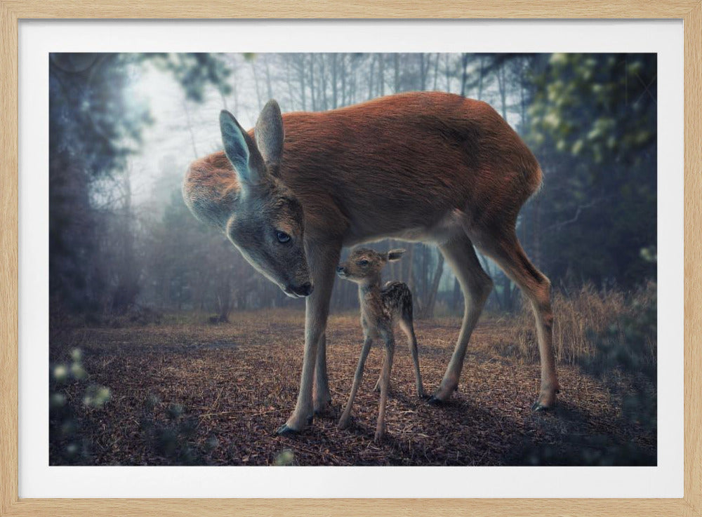 A framed artwork depicting a mother deer tenderly looking down at her tiny newborn fawn, which stands sheltered beneath her in a misty, atmospheric forest. Print