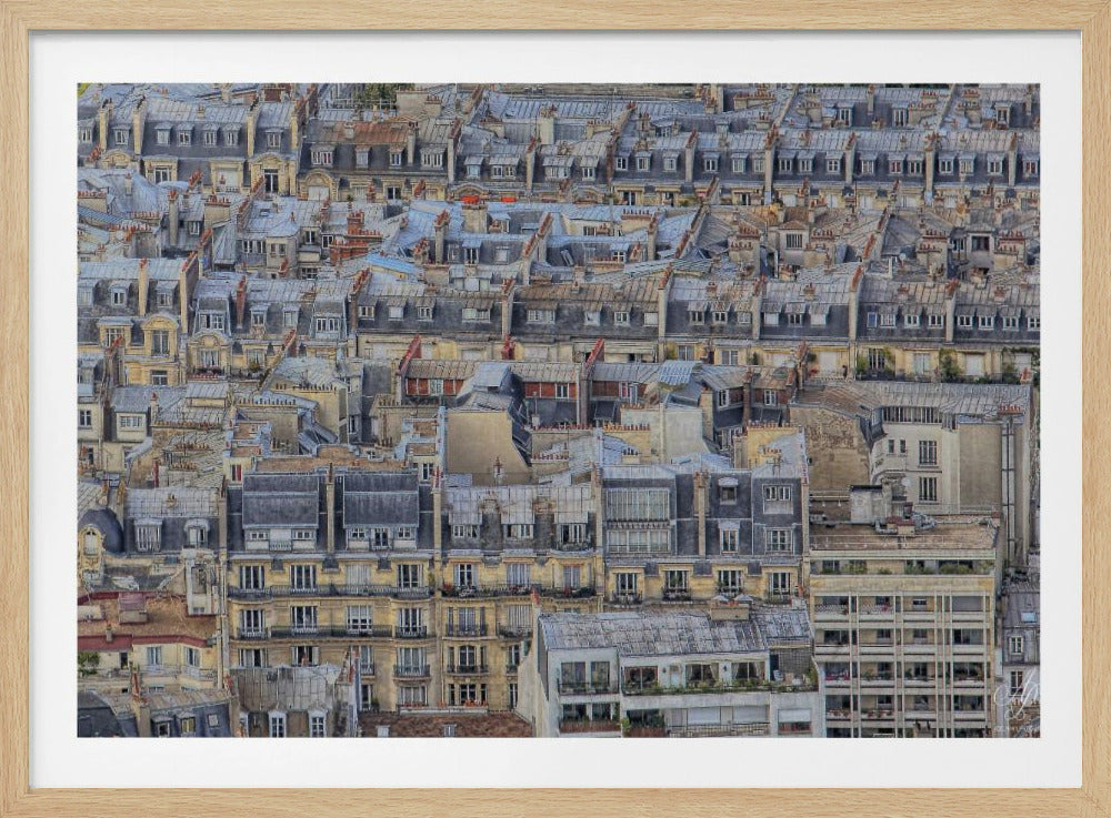 A high-angle, textured photograph looking over a dense sea of Parisian rooftops, creating a repeating pattern of gray mansard roofs, dormer windows, and beige building facades. The image is enclosed in a silver, brushed-metal style frame. Poster