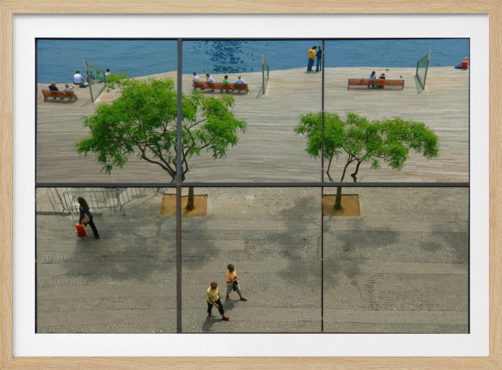 A framed, multi-pane window view showing a composite urban scene. The top panes reflect a sunny day on a wooden boardwalk by blue water, with people relaxing and green trees. The bottom panes show a direct view of a paved street below, with a few pedestrians walking. The window mullions create a grid that divides the distinct scenes. Wall Art