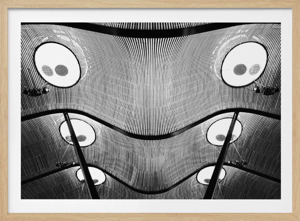 A symmetrical, mirrored black and white photograph of a ribbed, curving ceiling with large circular lights, creating an abstract, face-like illusion within a silver frame. Decor