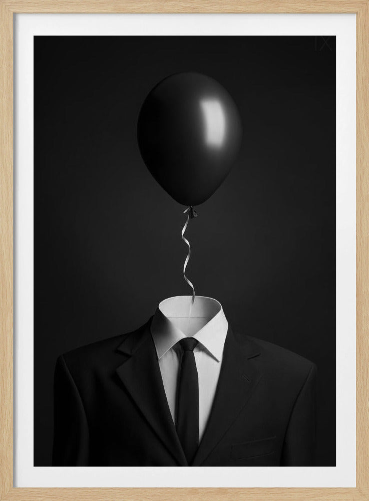 A surreal black and white photograph of a man's suit and tie with a single black balloon floating where the head should be. The curly ribbon from the balloon descends into the white shirt collar. Decor