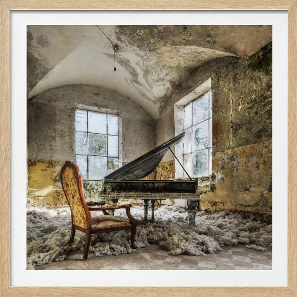 An atmospheric photograph of a derelict room with decaying walls and a vaulted ceiling, featuring a dusty old grand piano and a vintage armchair sitting amidst piles of white stuffing on a checkered floor. Decor