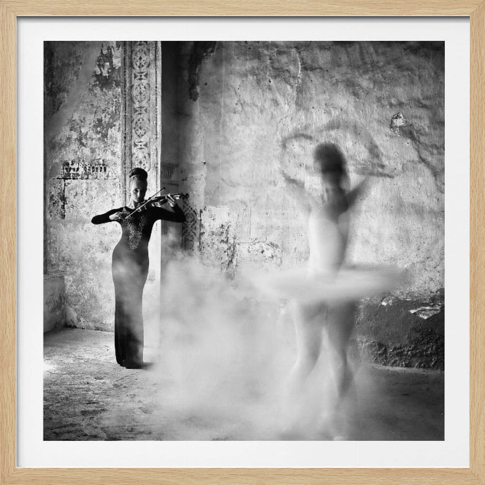 A framed, black and white photograph showing a woman in a dark gown playing the violin in a rustic room, while a motion-blurred ballerina in a tutu dances in a cloud of smoke. Poster