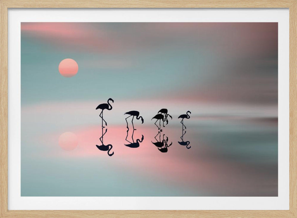 A serene artwork of five black flamingo silhouettes wading in calm water, their reflections mirrored below them. The background is a soft, blurred gradient of pastel pink and teal, with a pale pink sun low in the sky, creating a tranquil sunset scene. Poster