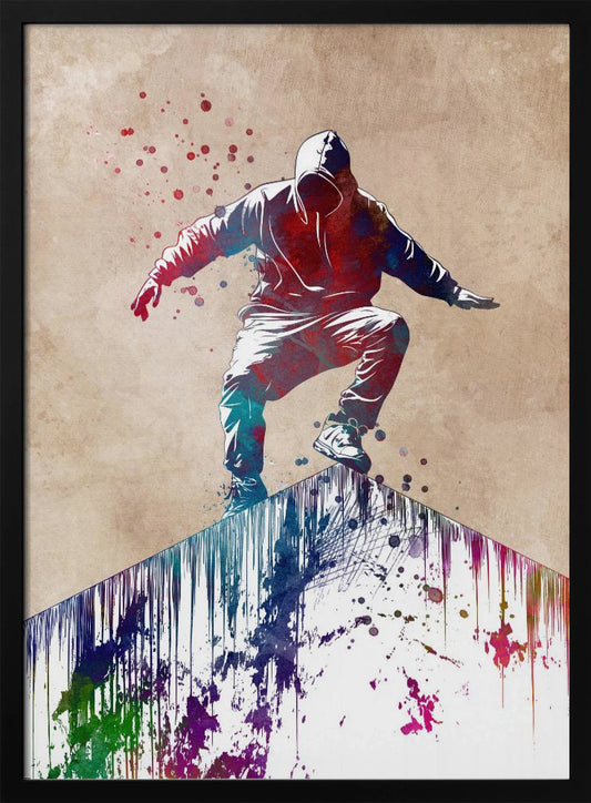 A stylized watercolor illustration of a person in a hoodie crouching on the peak of a roof or wall. The figure is colored with red and blue splashes, and the surface they are on has colorful paint dripping down, against a textured beige background. Poster