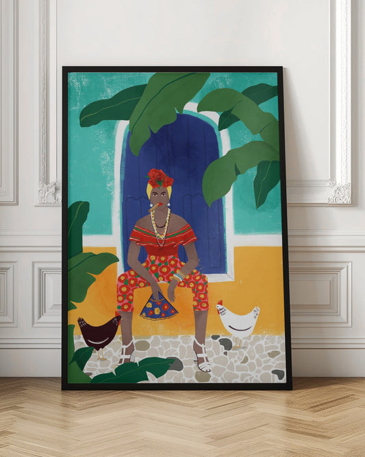 A vibrant, framed illustration of a stylish Black woman smoking a cigar. She sits in front of a blue door on a colorful turquoise and yellow building, wearing a red top, floral pants, and flowers in her hair. Two chickens stand at her feet on a cobblestone path, and large green leaves frame the scene. Decor
