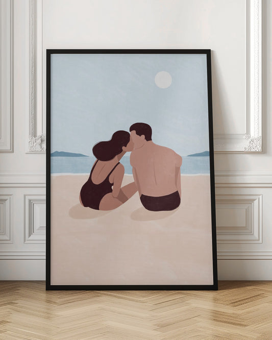 A minimalist illustration of a couple kissing on a sandy beach. The woman, with dark hair and a black swimsuit, and the man, with dark swim trunks, sit with their backs to the viewer, looking out at the calm blue ocean and distant hills under a pale sun. Print
