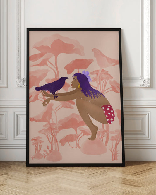 A stylized illustration of a woman with long purple hair and brown skin, crouching in a fantastical pink landscape. She is looking at a dark purple crow perched on her arm. Wall Art
