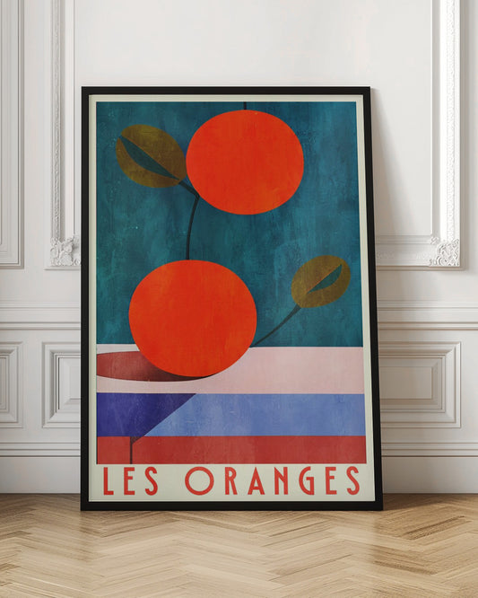 A vintage-style art poster featuring a graphic illustration of two large, bright orange fruits against a textured teal background. The bottom portion of the artwork has abstract horizontal stripes of pink, blue, and red. At the very bottom, the text 'LES ORANGES' is printed in a red sans-serif font on a cream background. Artwork