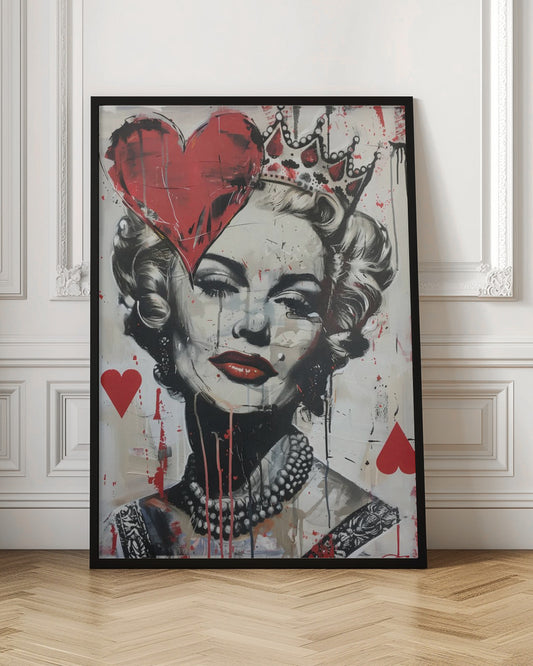 A modern pop art portrait of a glamorous woman, possibly Marilyn Monroe, in a black and white style with bold red accents. She wears a crown, and a large red heart covers one eye. The painting has a street art feel with paint splatters, drips, and stenciled heart suit symbols. Artwork