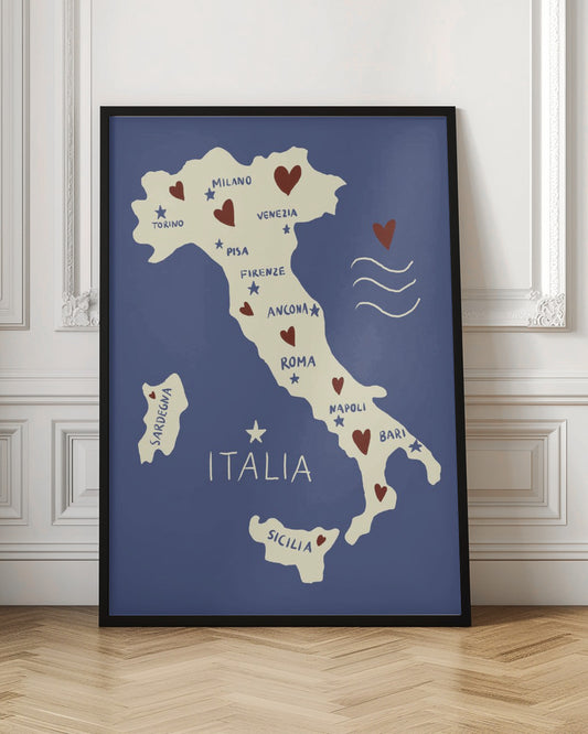 A charming, illustrated map of Italy against a solid blue background. The cream-colored map highlights major cities like Rome, Florence, and Venice with names and stars. Small red hearts are scattered across the country, adding a touch of love. The word 'ITALIA' is written in a simple, hand-drawn style. Print
