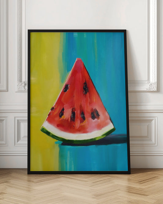 An impressionistic painting of a single, juicy slice of watermelon. The vibrant red flesh and black seeds contrast with a colorful background of bright yellow and deep teal blue, all rendered with visible, expressive brushstrokes and framed in black. Artwork