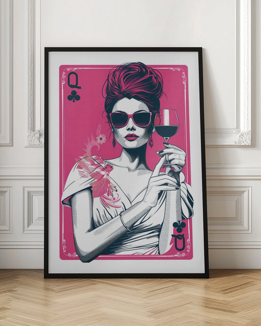 A stylized pop art illustration of a glamorous woman depicted as the Queen of Clubs on a pink playing card. She wears large sunglasses, has her hair in a high bun, and holds a glass of red wine. Wall Art