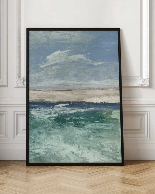 Abstract painting of an ocean scene with a sandy beach under a cloudy blue sky. Modern coastal wall art.