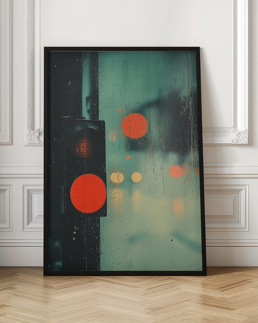 A moody, artistic photo of a red traffic light seen through a rain-streaked window, with blurred city lights creating orange bokeh circles against a textured teal background. Decor