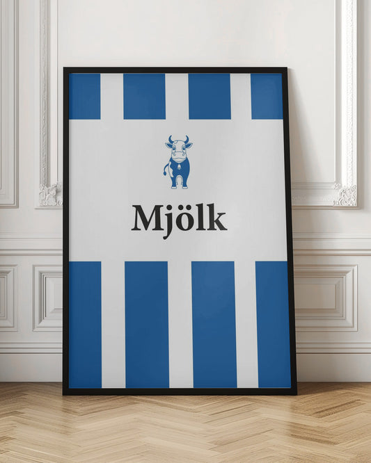 A minimalist art print featuring a blue illustrated cow with a bell above the word 'Mjölk' in a black serif font. The design is on a white background with blue and white vertical stripes at the top and bottom, all within a black frame. Artwork