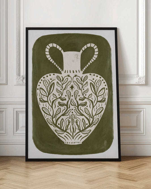 Olive green illustration of a Greek vase, perfect as an art print or poster.