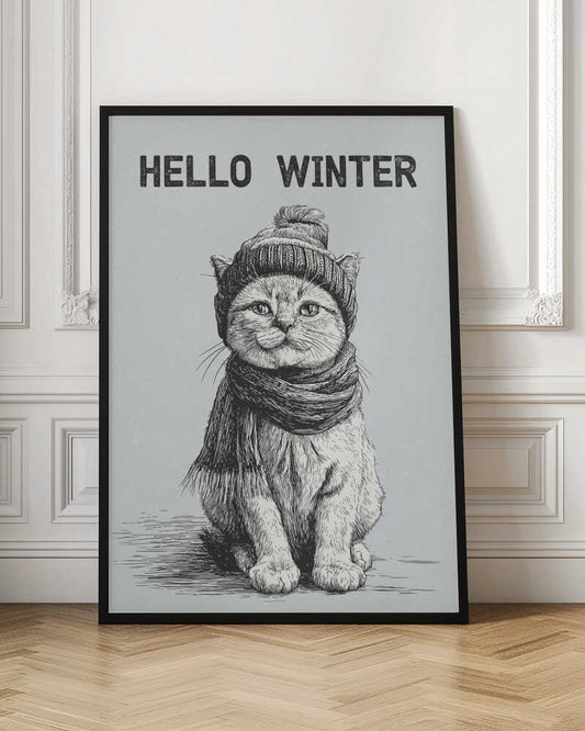 Sketch illustration of a cute cat wearing a winter hat and scarf. 'Hello Winter' quote.