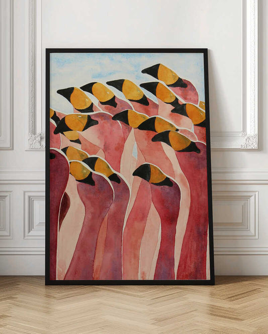 A stylized watercolor painting of a dense flock of pink flamingos huddled together.