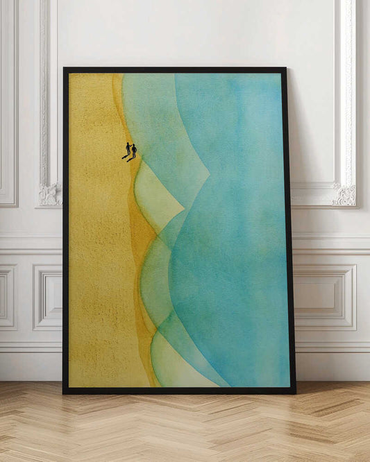 Abstract watercolor art of two figures on a golden beach with large, flowing blue ocean waves.