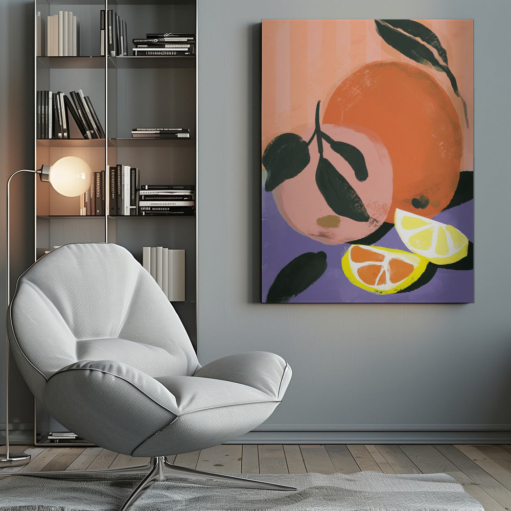 A modern still life painting of citrus fruits. The composition includes a large orange, a smaller pink grapefruit, and two sliced wedges of lemon and orange. The fruits rest on a purple surface against a vertically striped peach and pink background, rendered in a bold, painterly style. Decor