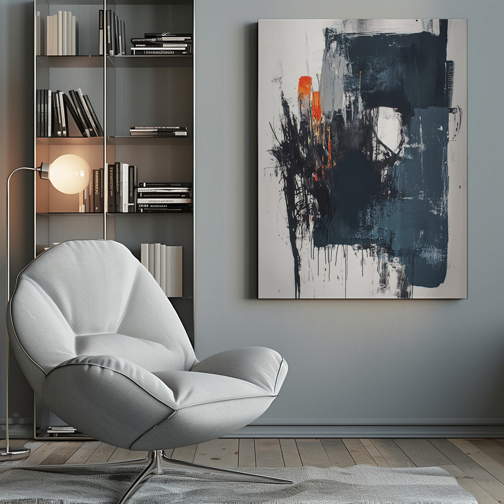 An expressive abstract painting in a black frame, featuring a large, dark, textured block of black and grey paint on a white canvas. Splashes of bright orange provide a striking contrast on the left, while black paint drips down the canvas, creating a sense of raw energy. Poster