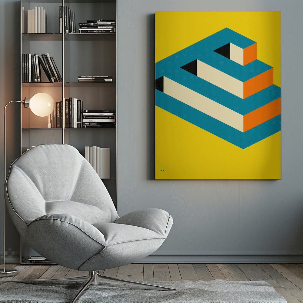 A graphic art poster of an impossible 3D object, shaped like a blocky letter E or a staircase, in teal, orange, and cream against a vibrant yellow background, creating an optical illusion. Print