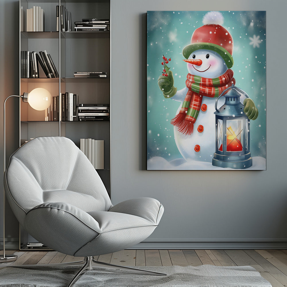 A charming watercolor illustration of a smiling snowman wearing a red and green pom-pom hat, a matching plaid scarf, and green mittens. He is holding a sprig of holly in one hand and a lit lantern in the other, standing in the snow as flakes fall against a light blue background. Print