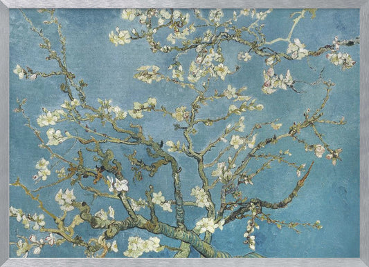A framed print of Vincent van Gogh's painting 'Almond Blossom,' featuring delicate white blossoms on gnarled branches set against a vibrant turquoise-blue sky. Poster
