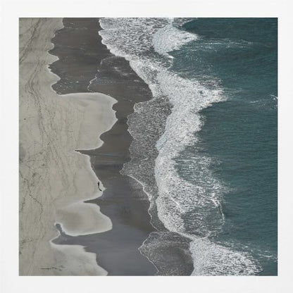 An art print depicting dynamic running ocean waves with white foam and shades of blue and aqua water. Decor