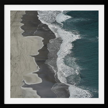 An art print depicting dynamic running ocean waves with white foam and shades of blue and aqua water. Decor
