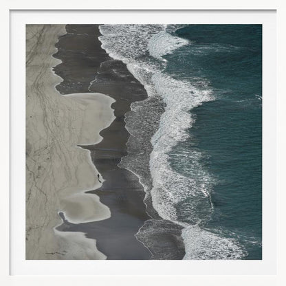 An art print depicting dynamic running ocean waves with white foam and shades of blue and aqua water. Decor