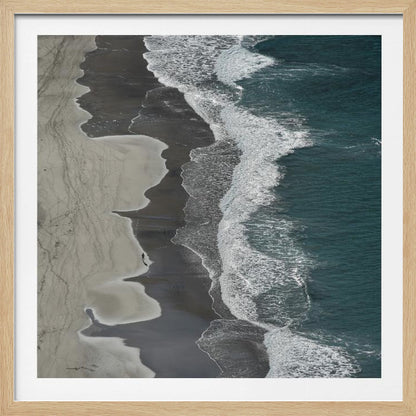 An art print depicting dynamic running ocean waves with white foam and shades of blue and aqua water. Decor