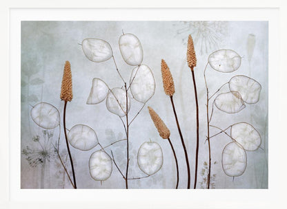 A framed botanical artwork featuring delicate dried stems of silver dollar plants (Lunaria annua) with their translucent white pods, alongside taller brown grasses. The arrangement is set against a muted, pale blue-gray background with faint floral imprints, creating a serene and natural composition. Wall Art